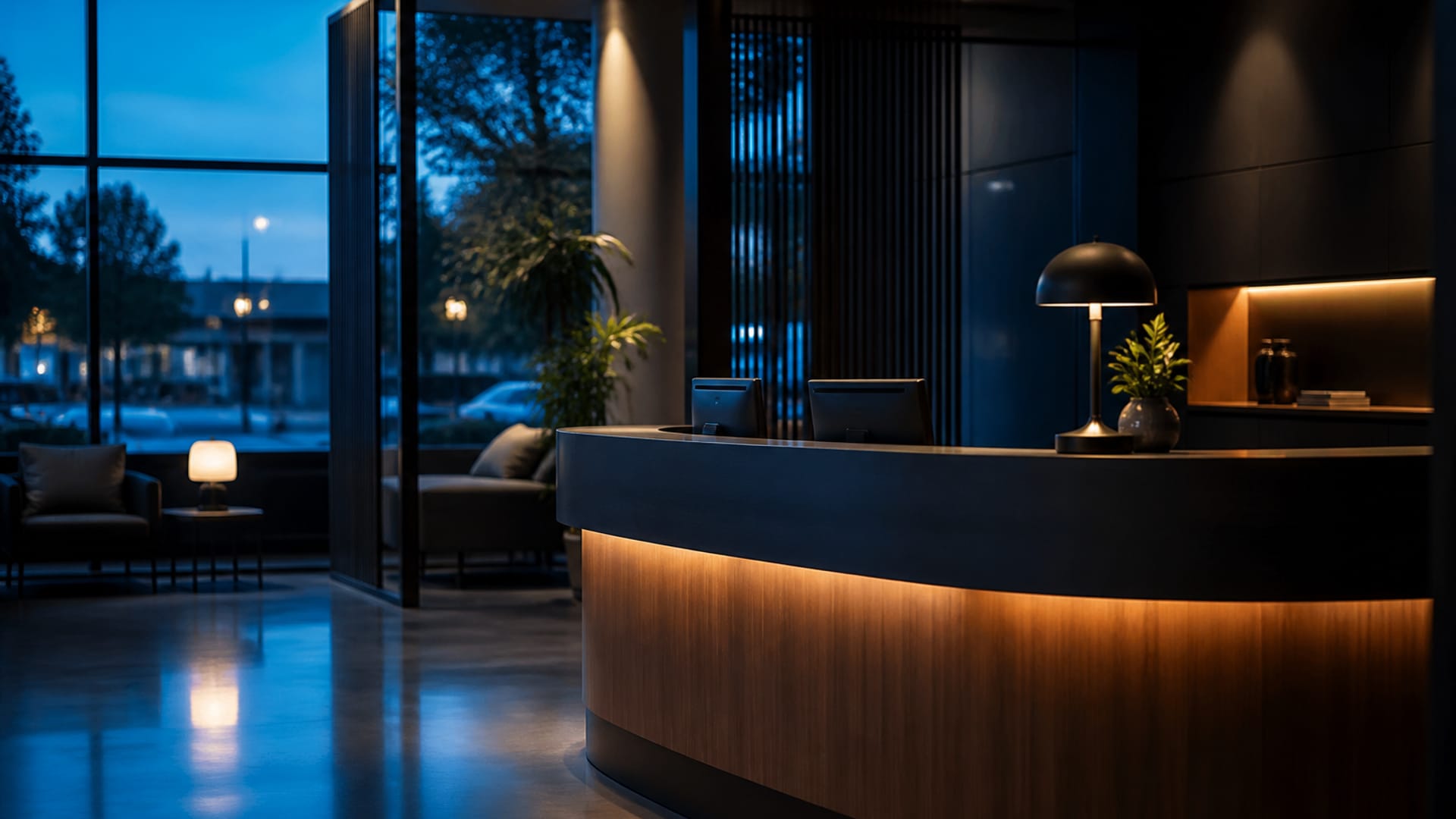 Modern dental clinic reception at dusk